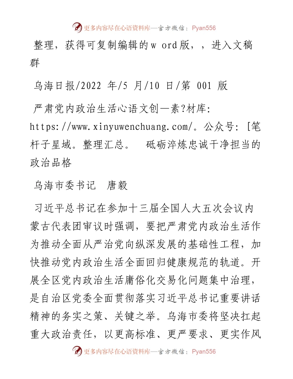 .05.10乌海市委书记唐毅：严肃党内政治生活砥砺淬炼忠诚干净担当的政治品格.docx_第1页