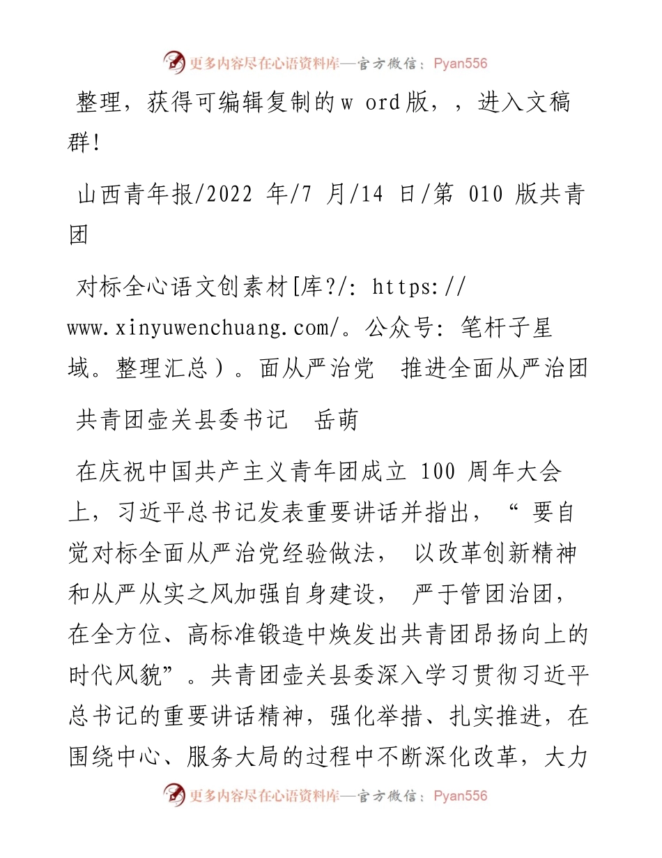 .07.14共青团壶关县委书记岳萌：对标全面从严治党推进全面从严治团.docx_第1页