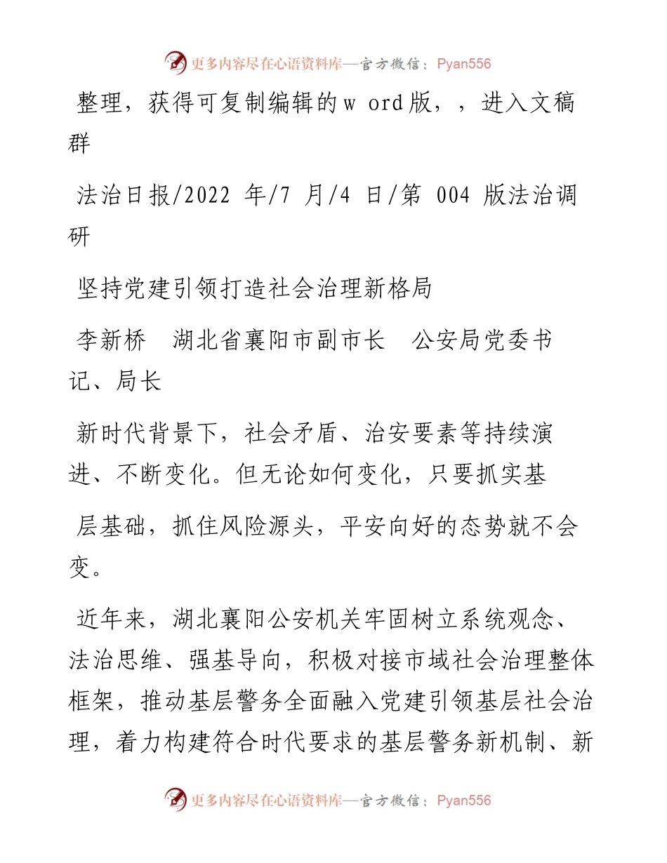 .07.04李新桥湖北省襄阳市副市长公安局党委书记、局长：坚持党建引领打造社会治理新格局.docx_第1页