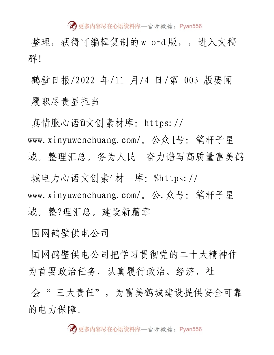 .11.04国网鹤壁供电公司：履职尽责显担当真情服务为人民奋力谱写高质量富美鹤城电力建设新篇章.docx_第1页