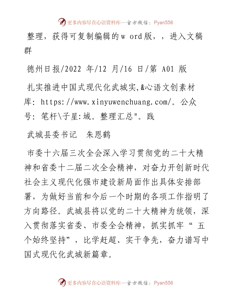 .12.16武城县委书记朱恩鹤：扎实推进中国式现代化武城实践.docx_第1页