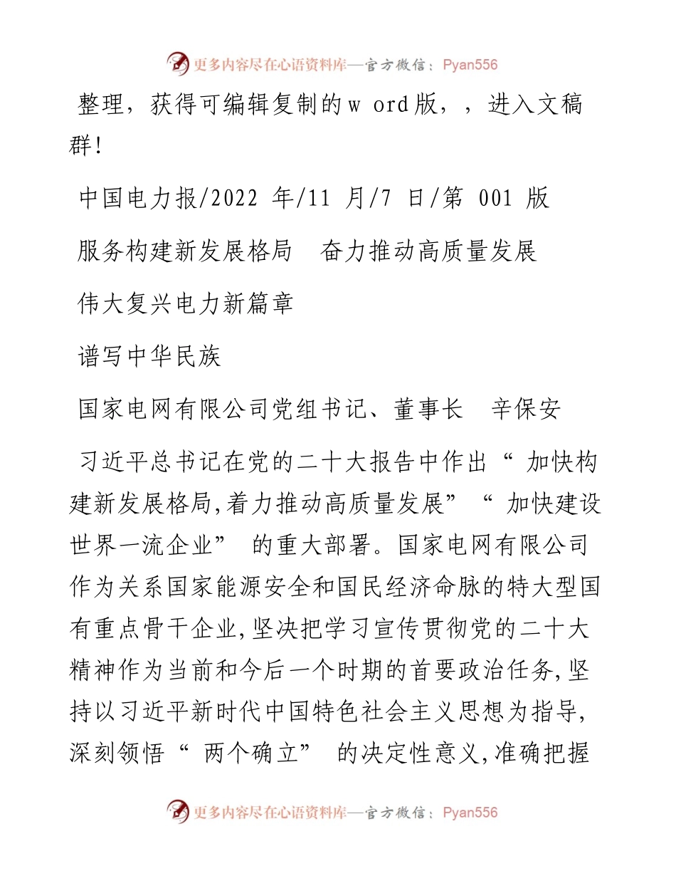 .11.07电网董事长：服务构建新发展格局奋力推动高质量发展谱写中华民族伟大复兴电力新篇章.docx_第1页