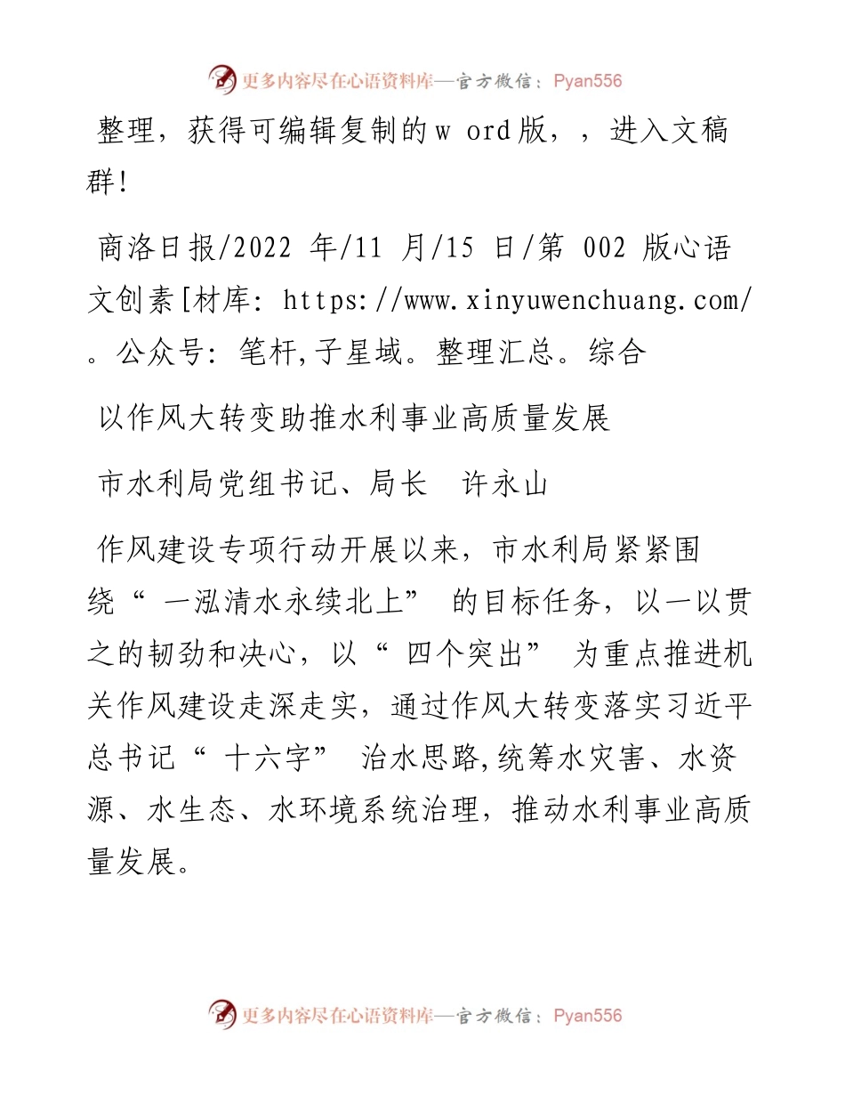 .11.15市水利局党组书记、局长许永山：以作风大转变助推水利事业高质量发展.docx_第1页
