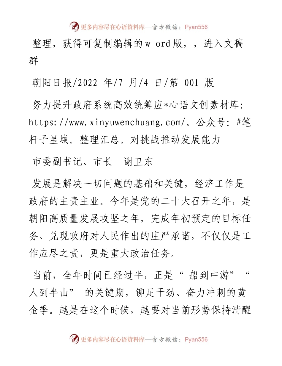 .07.04市委副书记、市长谢卫东：努力提升政府系统高效统筹应对挑战推动发展能力.docx_第1页