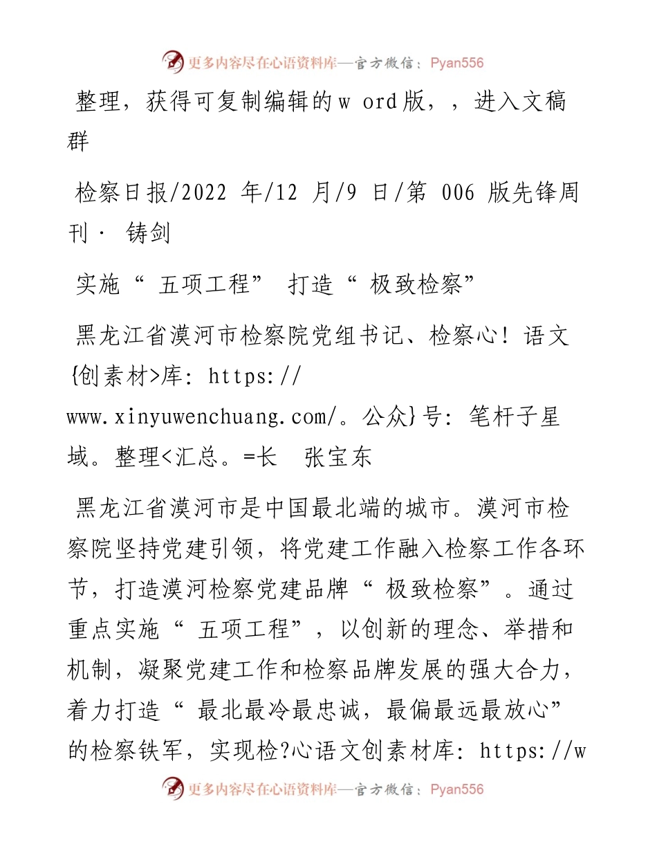 .12.09黑龙江省漠河市检察院党组书记、检察长张宝东：实施五项工程打造极致检察.docx_第1页