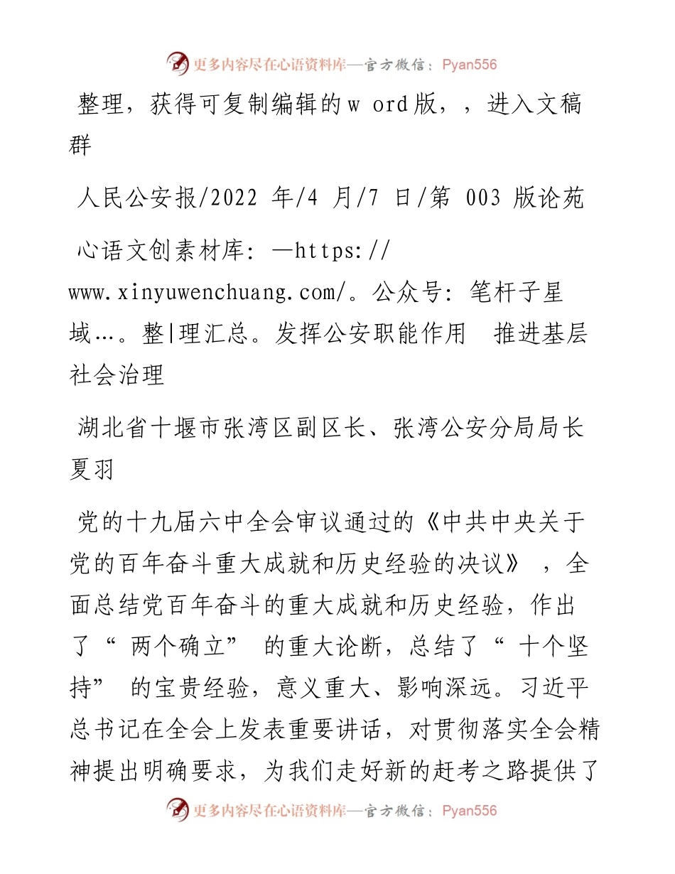 .04.07湖北省十堰市张湾区副区长、张湾公安分局局长夏羽：发挥公安职能作用推进基层社会治理.docx_第1页
