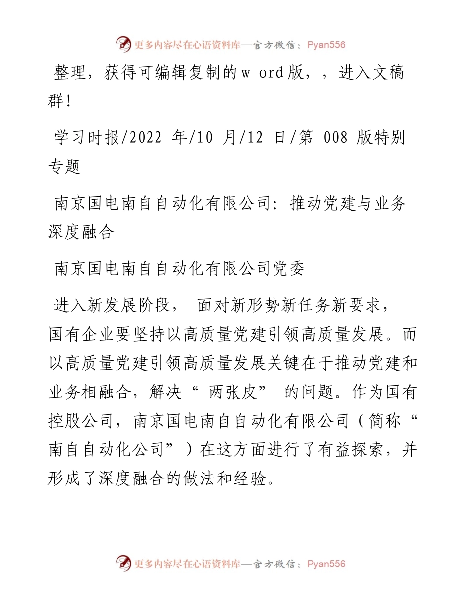 .10.12南京国电南自自动化有限公司党委：南京国电南自自动化有限公司：推动党建与业务深度融合.docx_第1页