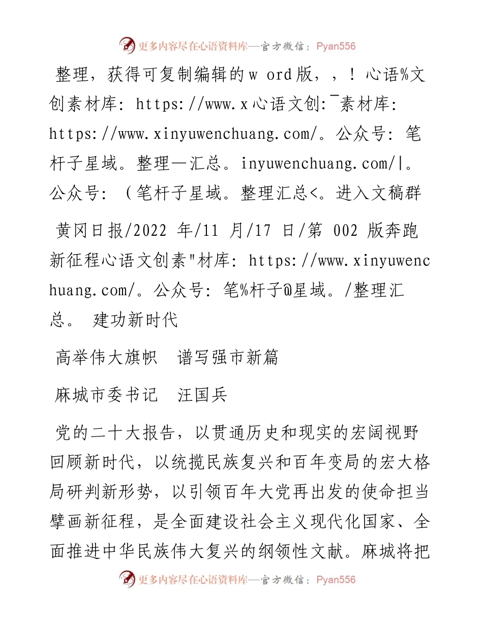 .11.17麻城市委书记汪国兵：高举伟大旗帜谱写强市新篇.docx_第1页