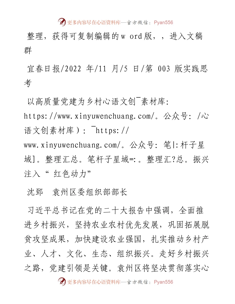 .11.05沈郅袁州区委组织部部长：以高质量党建为乡村振兴注入红色动力.docx_第1页
