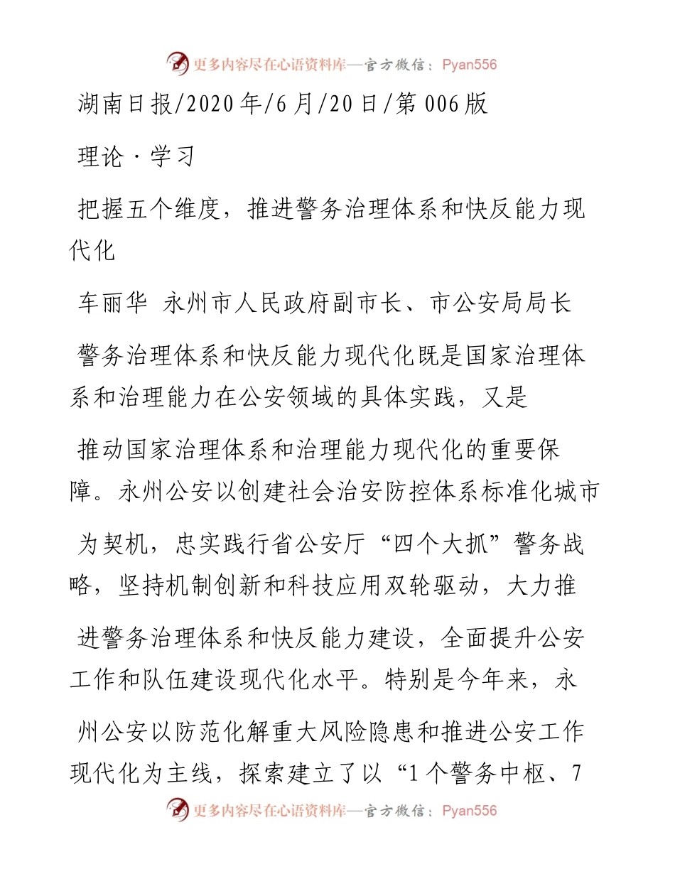.06.20车丽华永州市人民政府副市长、市公安局局长：把握五个维度，推进警务治理体系和快反能力现代化.docx_第1页