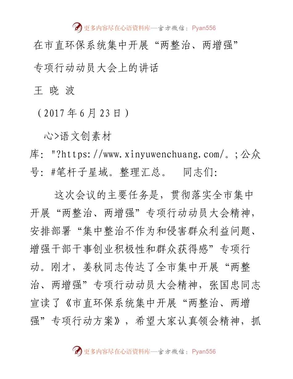 （吉林省四平市）王晓波---在市直环保系统集中开展“两整治、两增强”专项行动动员大会上的讲话(1).docx_第1页