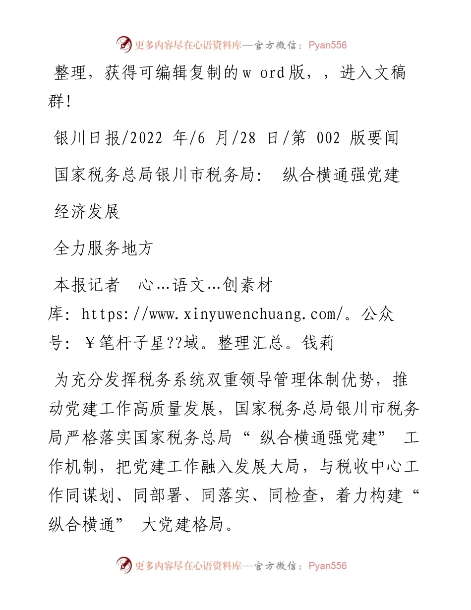 .06.28本报记者钱莉：国家税务总局银川市税务局：纵合横通强党建全力服务地方经济发展.docx_第1页