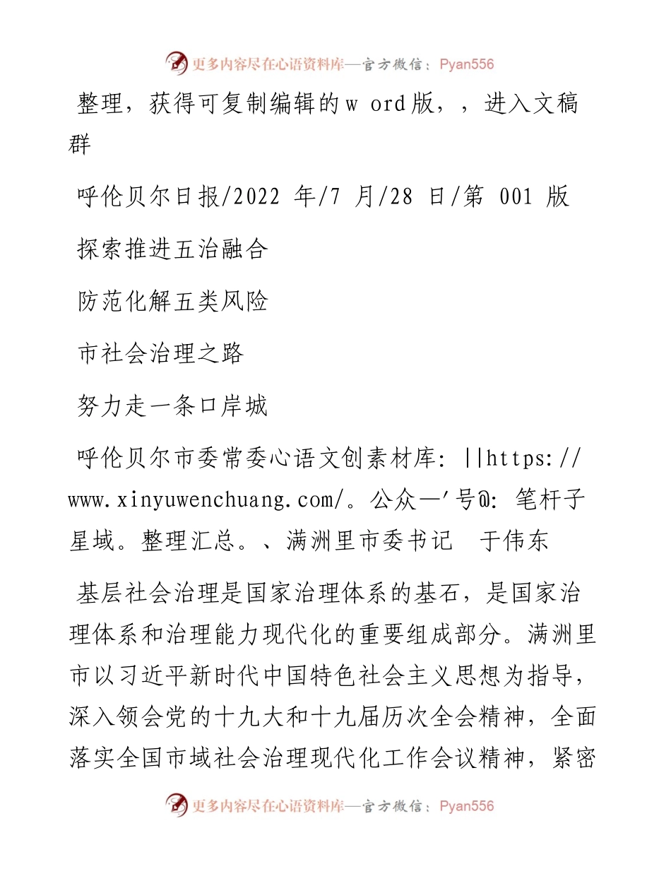 .07.28满洲里市委书记于伟东：探索推进五治融合防范化解五类风险努力走一条口岸城市社会治理之路.docx_第1页