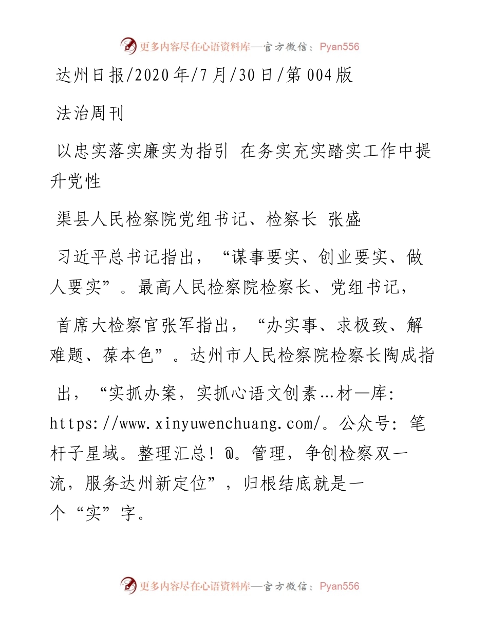 .07.30渠县人民检察院党组书记、检察长张盛：以忠实落实廉实为指引在务实充实踏实工作中提升党性.docx_第1页