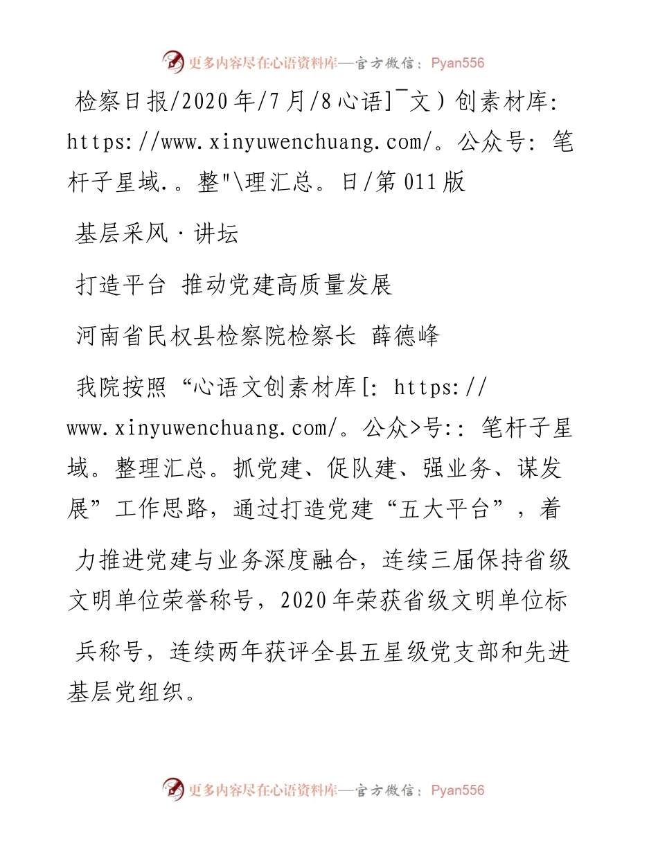 .07.08河南省民权县检察院检察长薛德峰：打造平台推动党建高质量发展.docx_第1页