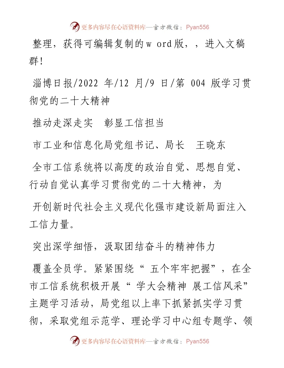 .12.09市工业和信息化局党组书记、局长王晓东：推动走深走实彰显工信担当.docx_第1页
