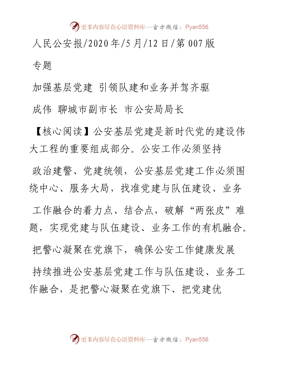 .05.12成伟聊城市副市长市公安局局长：加强基层党建引领队建和业务并驾齐驱.docx_第1页