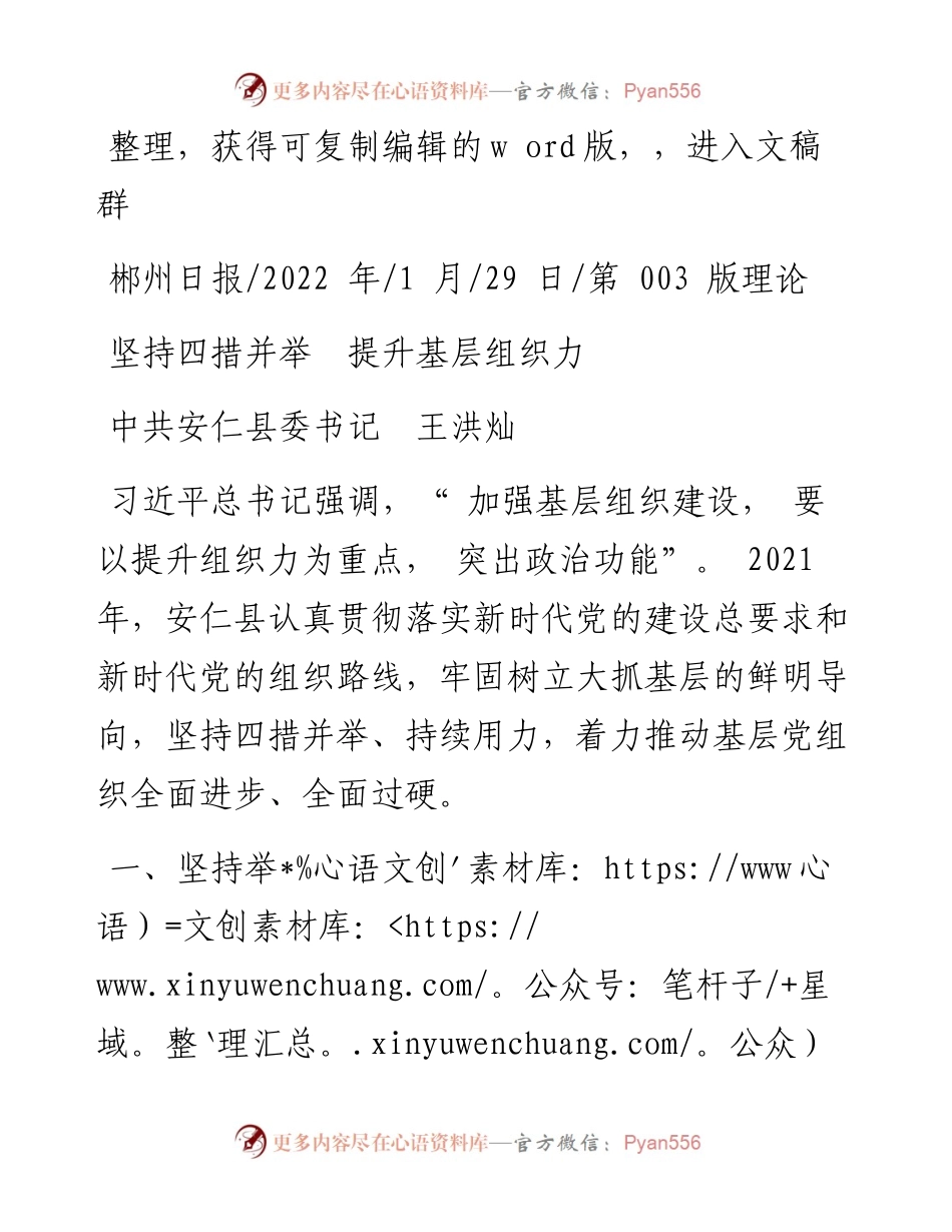 .01.29中共安仁县委书记王洪灿：坚持四措并举提升基层组织力.docx_第1页