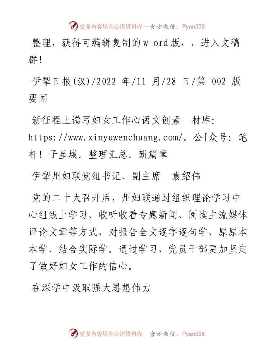 .11.28伊犁州妇联党组书记、副主席袁绍伟：新征程上谱写妇女工作新篇章.docx_第1页