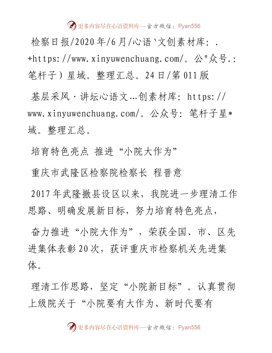 .06.24重庆市武隆区检察院检察长程晋意：培育特色亮点推进小院大作为.docx_第1页