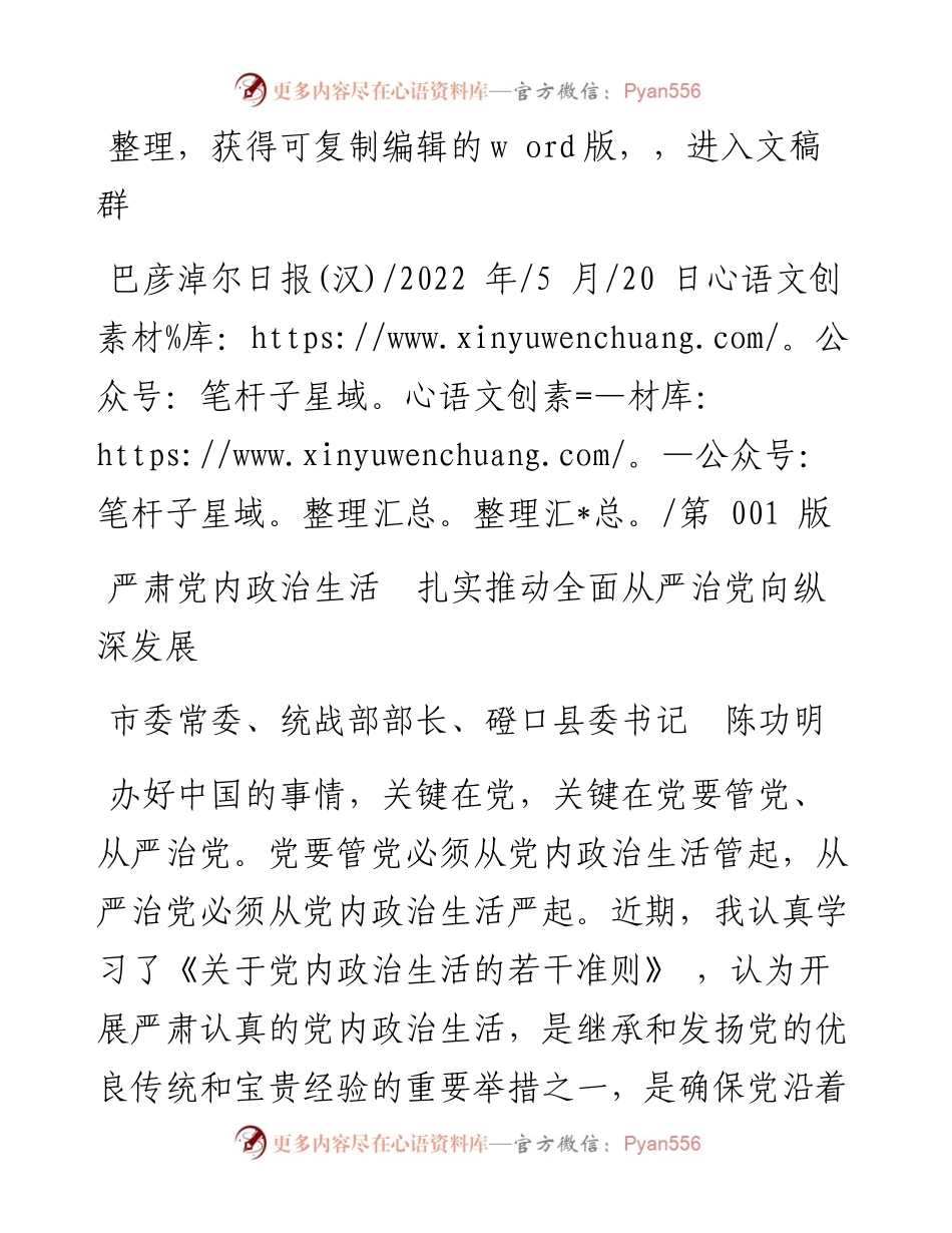 .05.20市委常委、统战部部长、磴口县委书记陈功明：严肃党内政治生活扎实推动全面从严治党向纵深发展.docx_第1页
