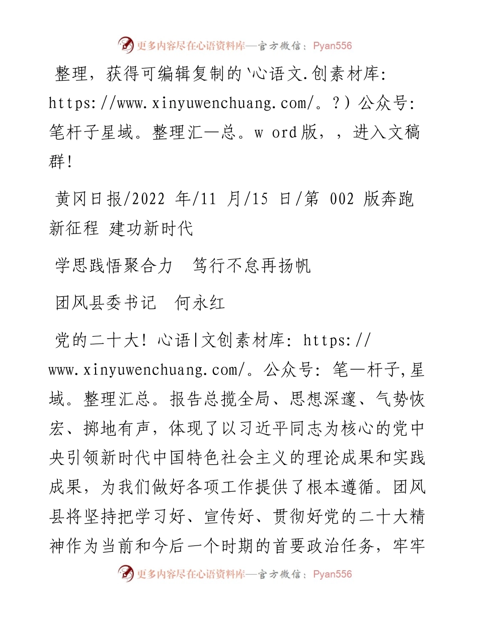 .11.15团风县委书记何永红：学思践悟聚合力笃行不怠再扬帆.docx_第1页