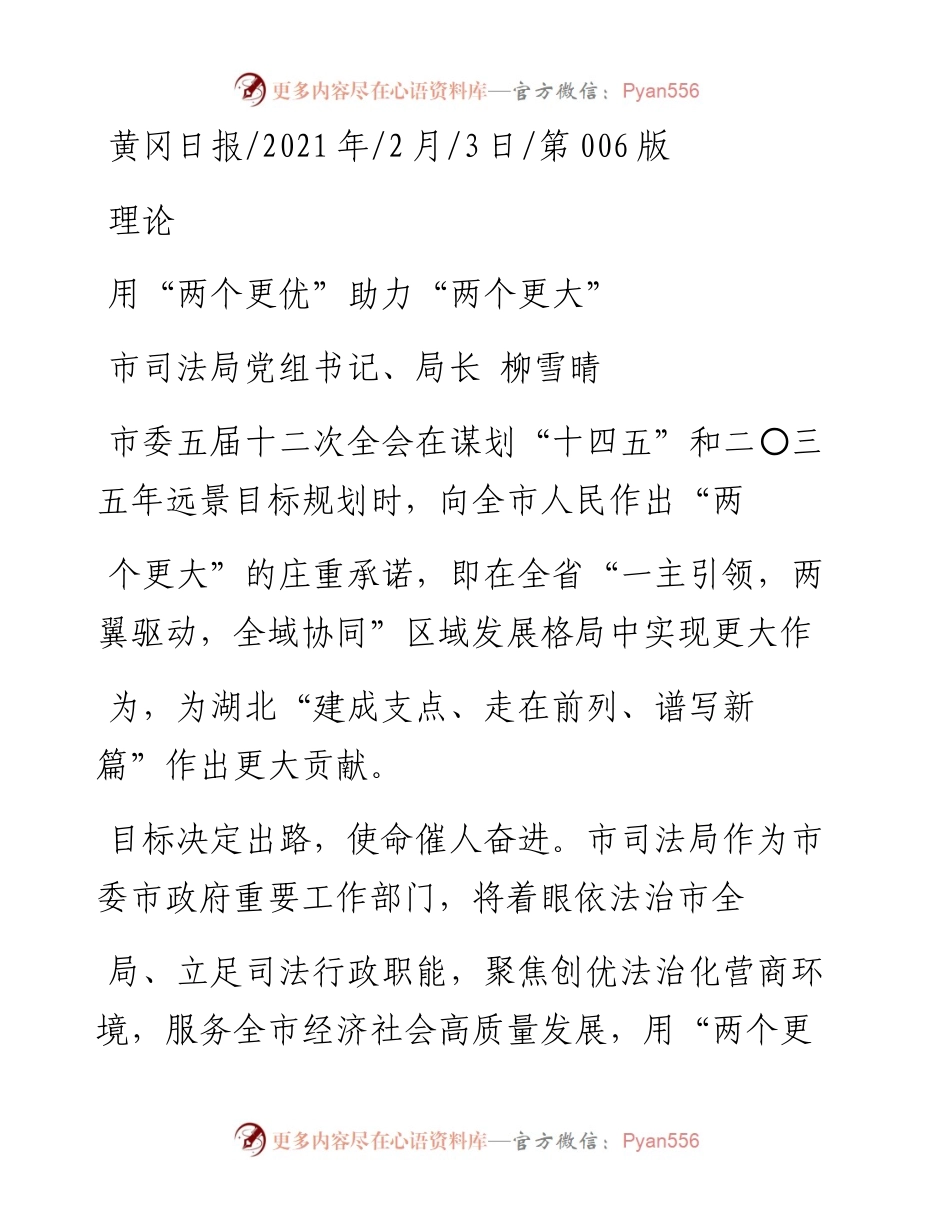 .02.03市司法局党组书记、局长柳雪晴：用两个更优助力两个更大——如椽巨笔1公众号整理.docx_第1页