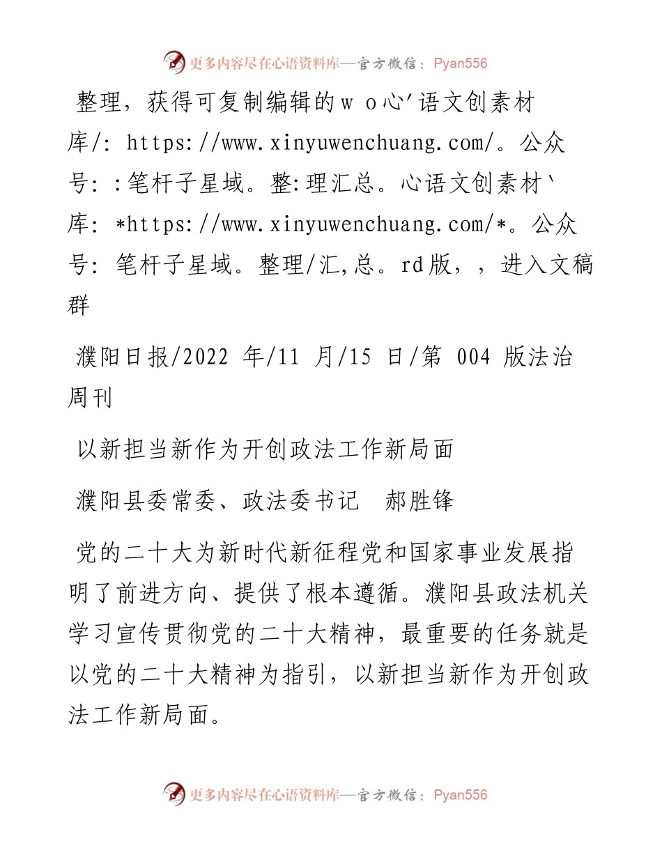 .11.15濮阳县委常委、政法委书记郝胜锋：以新担当新作为开创政法工作新局面.docx_第1页