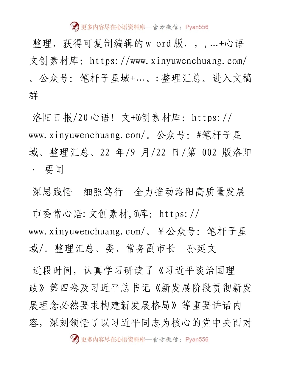 .09.22市委常委、常务副市长孙延文：深思践悟细照笃行全力推动洛阳高质量发展.docx_第1页
