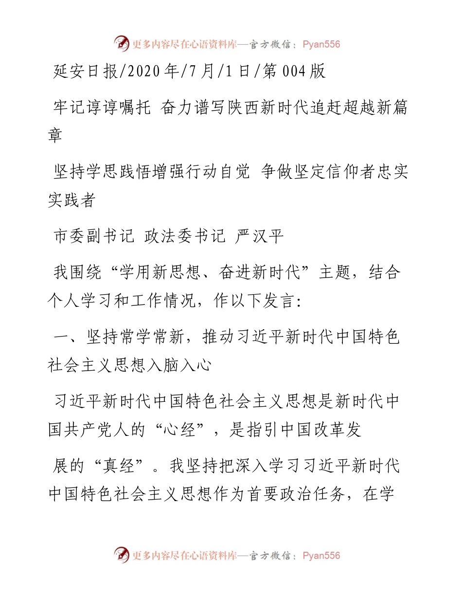 .07.01市委副书记政法委书记严汉平：坚持学思践悟增强行动自觉争做坚定信仰者忠实实践者.docx_第1页