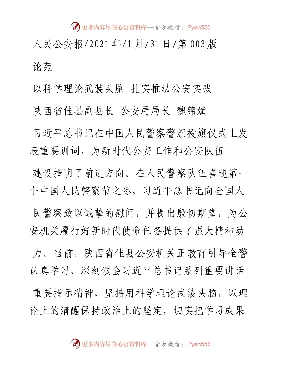 .01.31陕西省佳县副县长公安局局长魏锦斌：以科学理论武装头脑扎实推动公安实践.docx_第1页