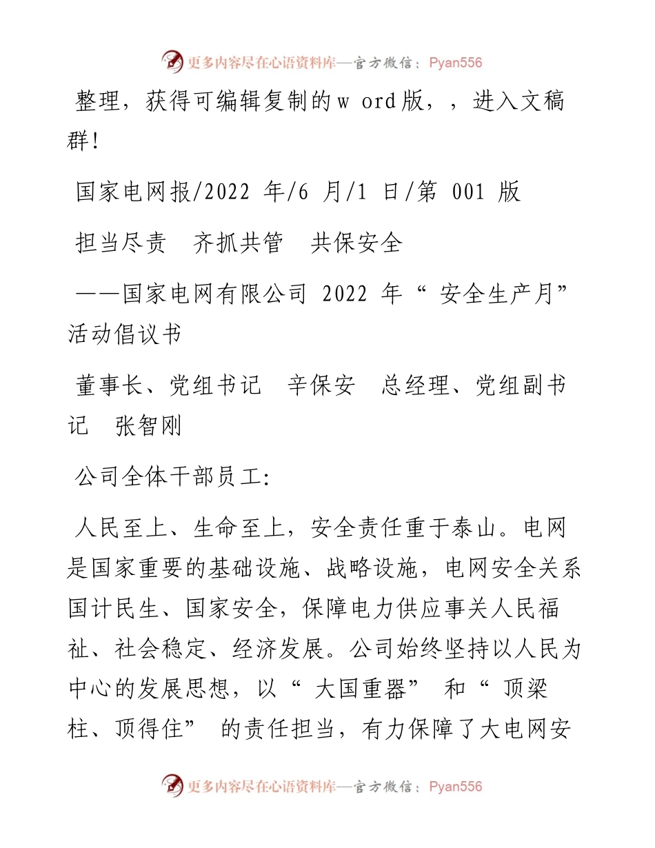 .06.01董事长、党组书记辛保安总经理、党组副书记张智刚：担当尽责齐抓共管共保安全.docx_第1页