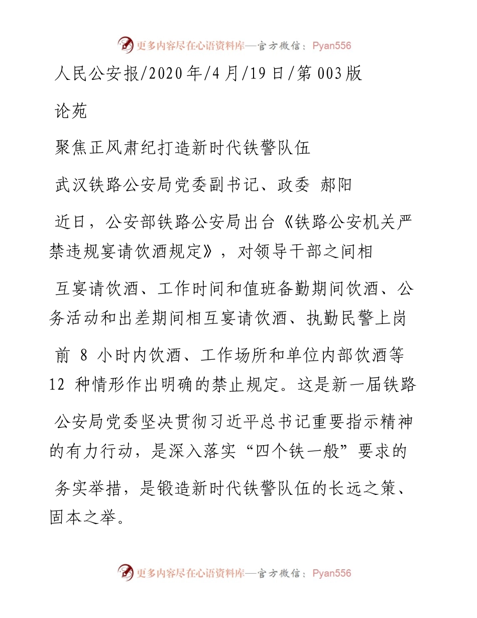 .04.19武汉铁路公安局党委副书记、政委郝阳：聚焦正风肃纪打造新时代铁警队伍.docx_第1页