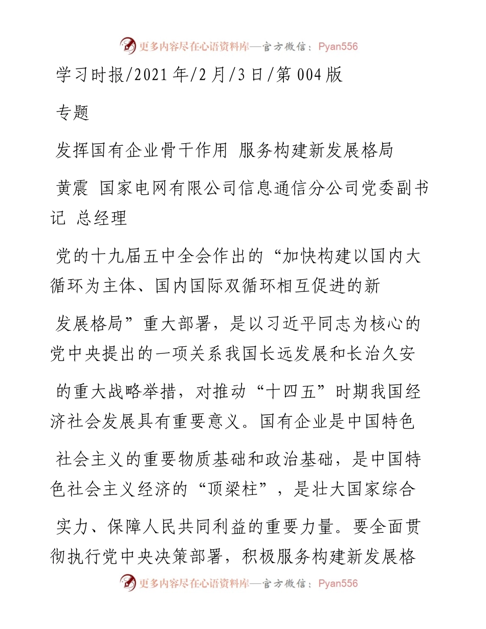 .02.03黄震国家电网有限公司信息通信分公司党委副书记总经理：发挥国有企业骨干作用服务构建新发展格局——如椽巨笔1公众号整理.docx_第1页
