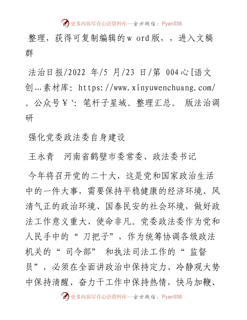 .05.23王永青河南省鹤壁市委常委、政法委书记：强化党委政法委自身建设.docx_第1页