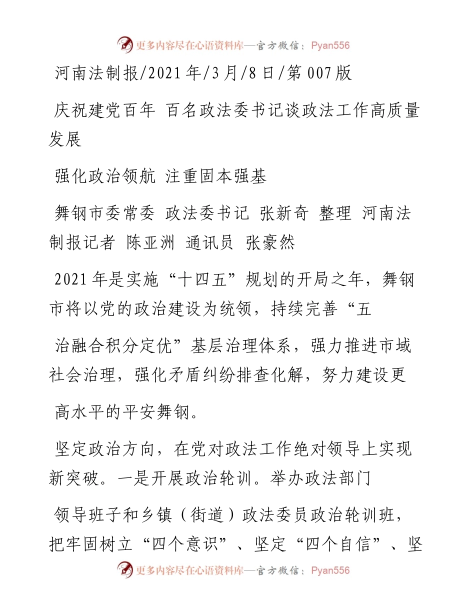 .03.08舞钢市委常委政法委书记张新奇整理河南法制报记者陈亚洲通讯员张豪然：强化政治领航注重固本强基.docx_第1页