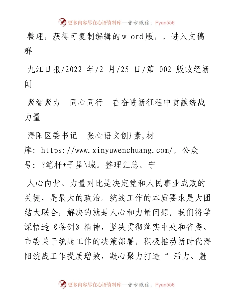 .02.25浔阳区委书记张宁：聚智聚力同心同行在奋进新征程中贡献统战力量.docx_第1页