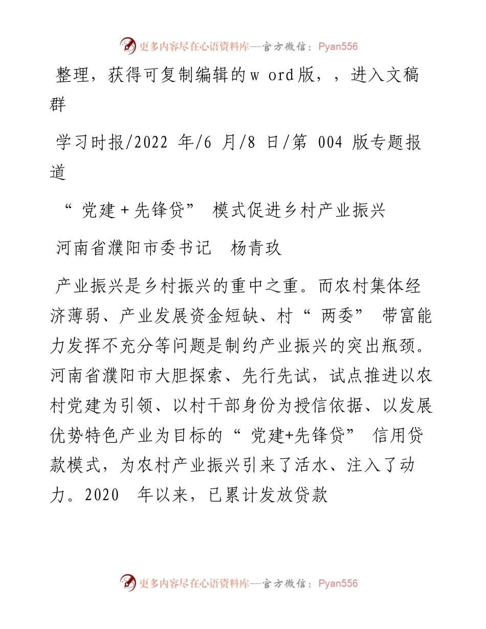 .06.08河南省濮阳市委书记杨青玖：党建＋先锋贷模式促进乡村产业振兴.docx_第1页