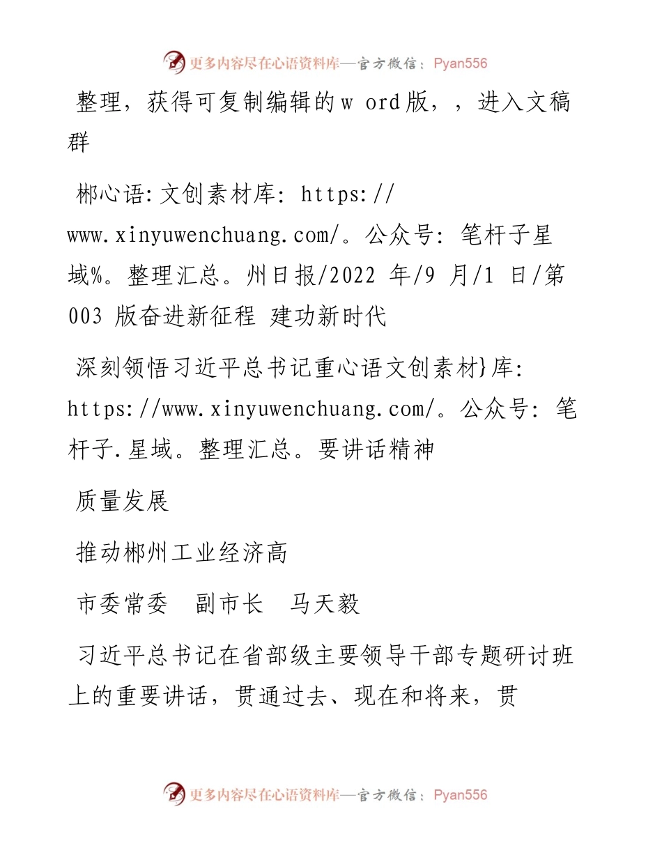 .09.01市委常委副市长马天毅：深刻领悟习近平总书记重要讲话精神推动郴州工业经济高质量发展.docx_第1页