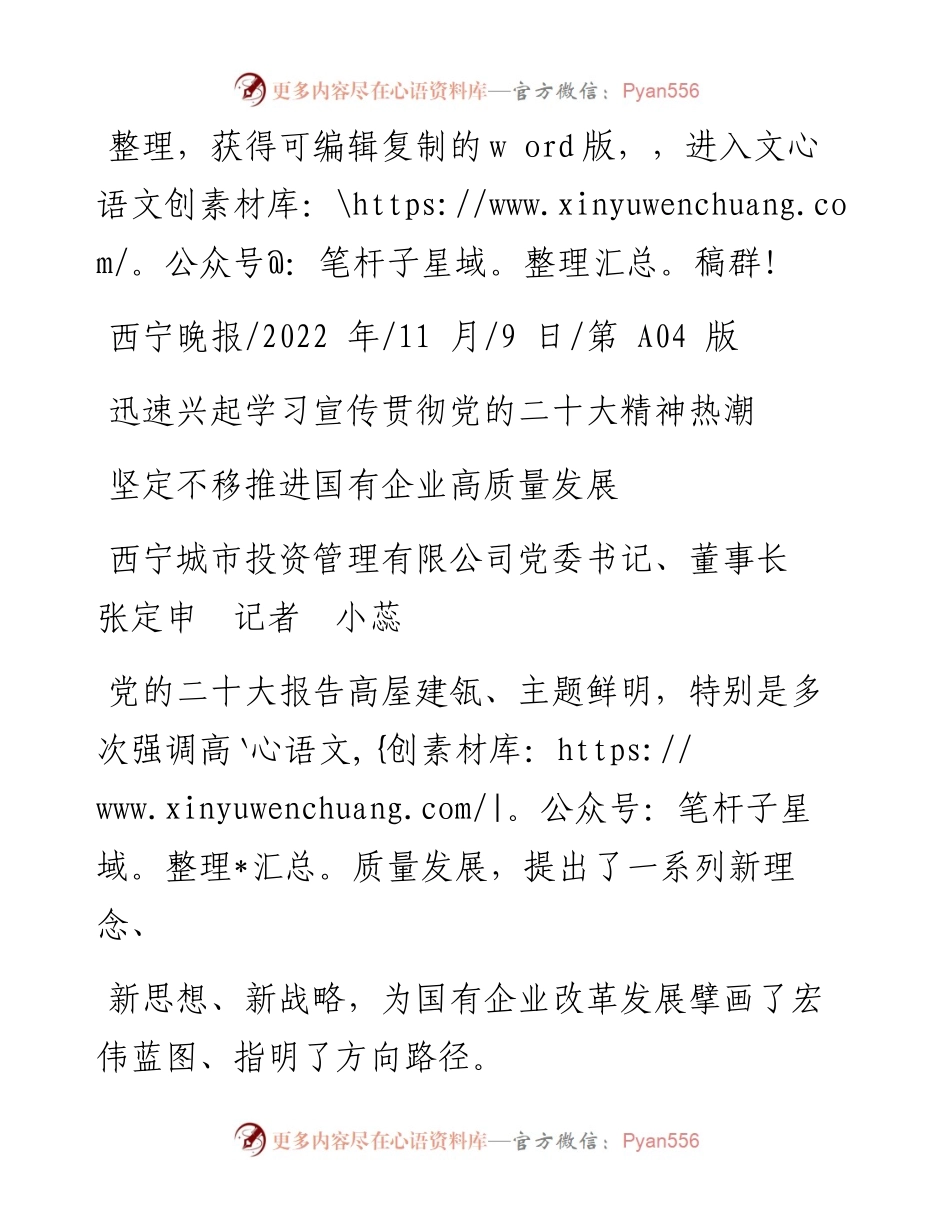.11.09西宁城市投资管理有限公司党委书记、董事长张定申记者小蕊：坚定不移推进国有企业高质量发展.docx_第1页