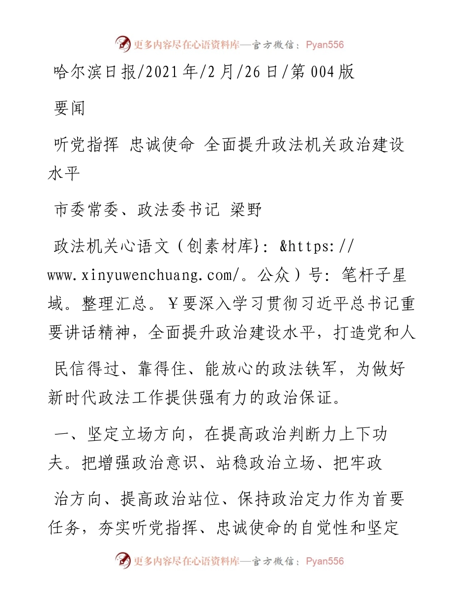 .02.26市委常委、政法委书记梁野：听党指挥忠诚使命全面提升政法机关政治建设水平——.docx_第1页
