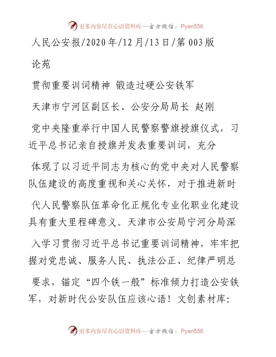 .12.13天津市宁河区副区长、公安分局局长赵刚：贯彻重要训词精神锻造过硬公安铁军.docx_第1页