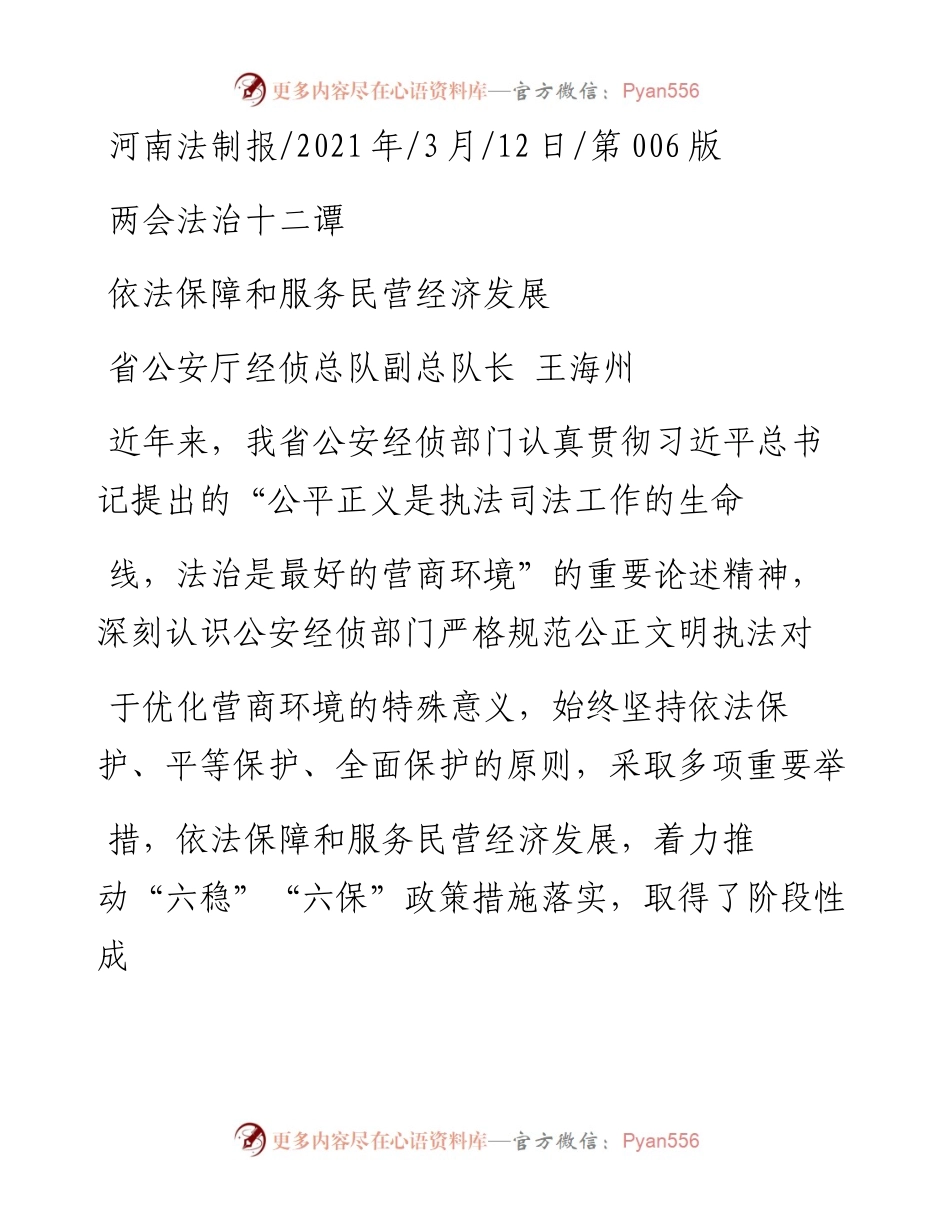 .03.12省公安厅经侦总队副总队长王海州：依法保障和服务民营经济发展.docx_第1页