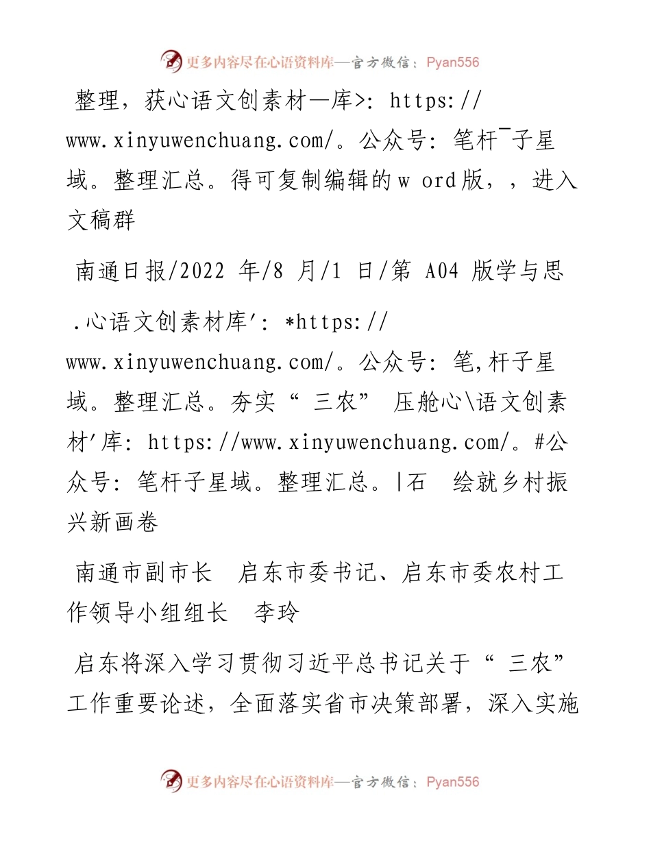 .08.01南通市副市长启东市委书记：夯实三农压舱石绘就乡村振兴新画卷.docx_第1页