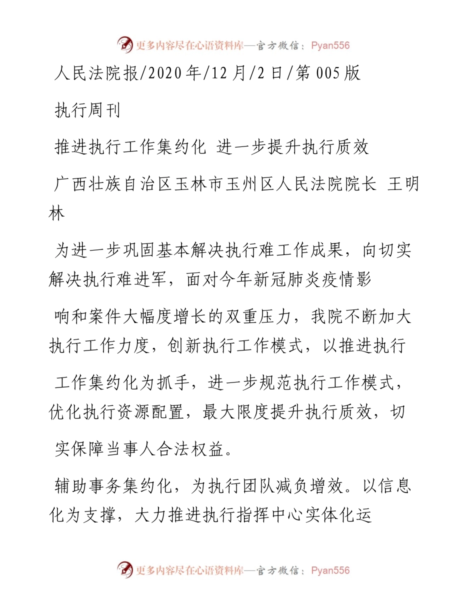 .12.02广西壮族自治区玉林市玉州区人民法院院长王明林：推进执行工作集约化进一步提升执行质效.docx_第1页