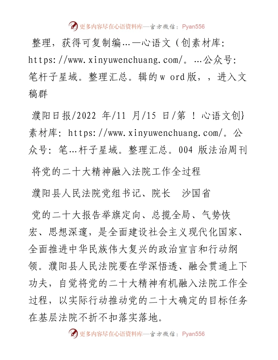 .11.15濮阳县人民法院党组书记、院长沙国省：将党的二十大精神融入法院工作全过程.docx_第1页