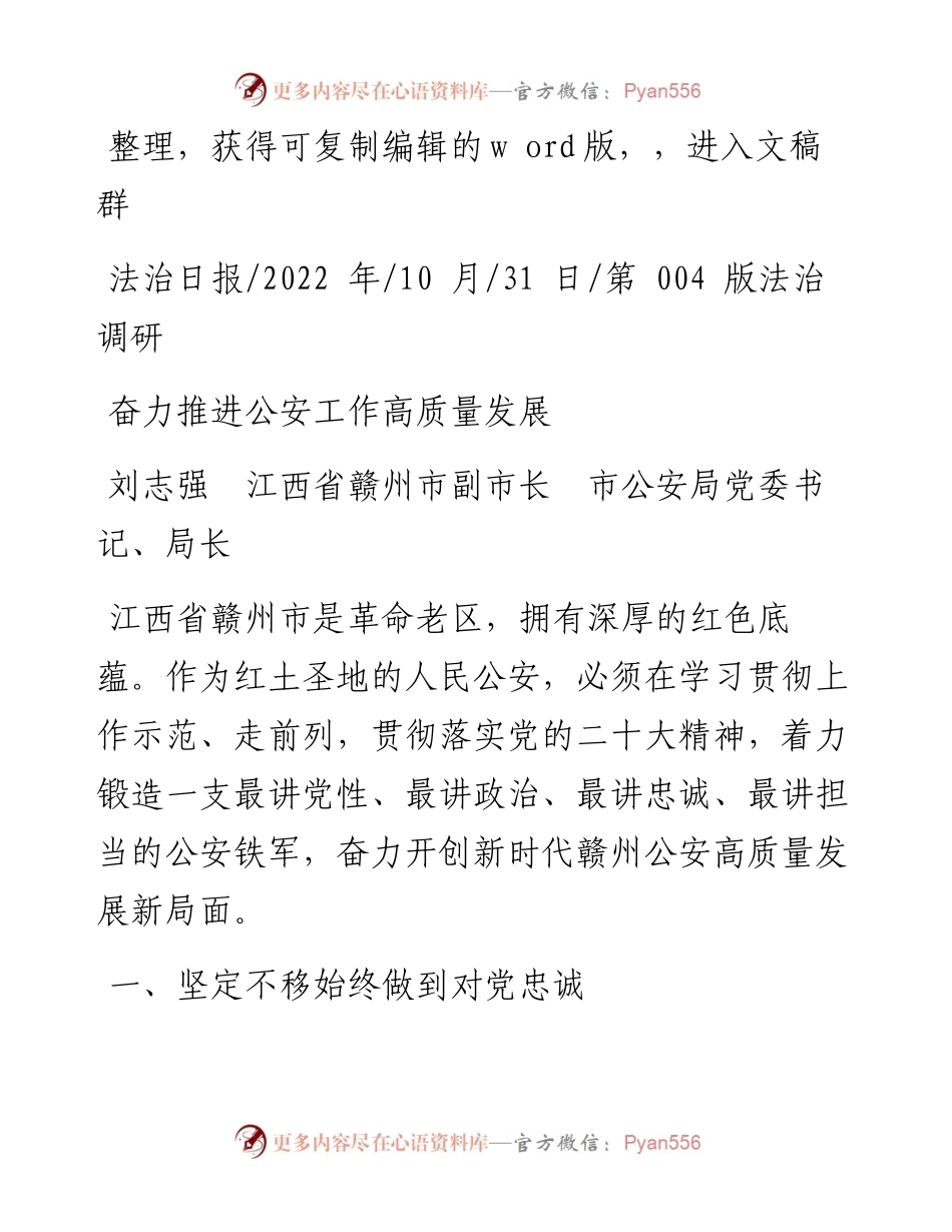 .10.31刘志强江西省赣州市副市长市公安局党委书记、局长：奋力推进公安工作高质量发展.docx_第1页