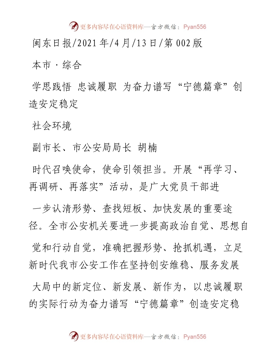 .04.13副市长、市公安局局长胡楠：学思践悟忠诚履职为奋力谱写宁德篇章创造安定稳定社会环境.docx_第1页