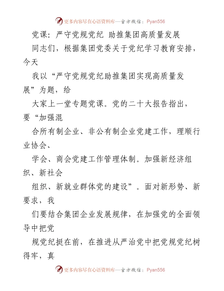 [党课] 学习教育 - 严守党规党纪，助推集团高质量发展.docx_第1页