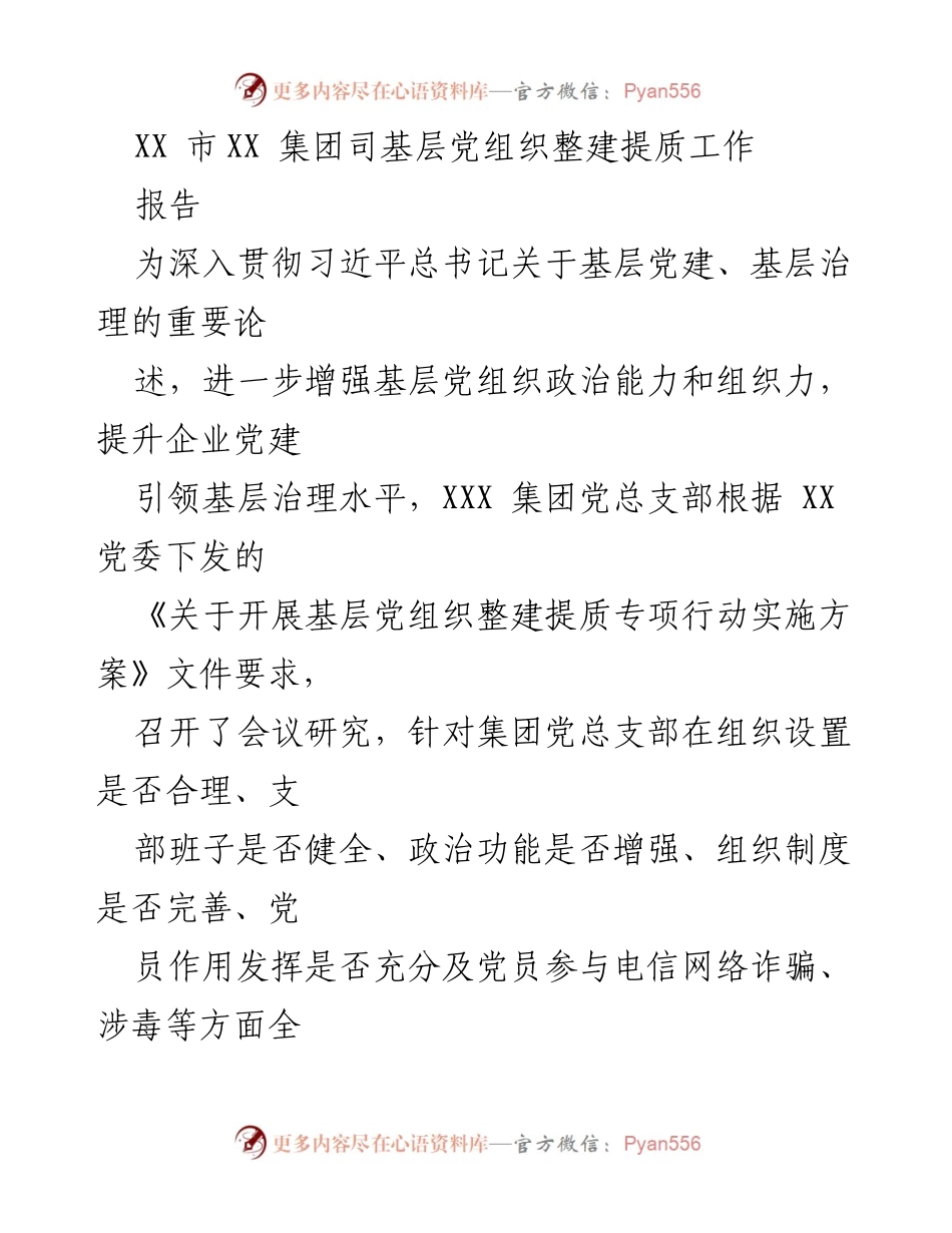 [报告] 党建工作 - XX市XX集团基层党组织整建提质专项行动报告.docx_第1页